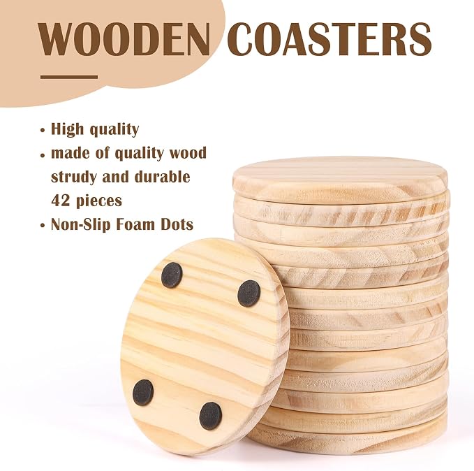 42 Pieces Unfinished Wood Coasters, 4 Inch Round Blank Wooden Coasters - Image 3