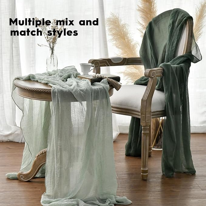 Artoid Mode Boho Cheesecloth Gauze Sage Green Wedding Table Runner, 160 Inch - Image 4