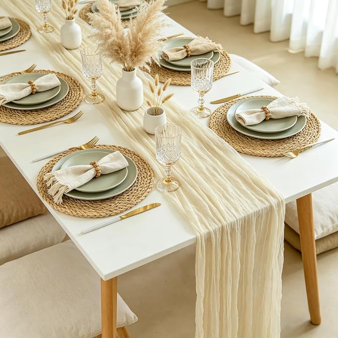 6 Pack Cream Beige Cheesecloth Table Runner 35x120 inch, Boho Semi Sheer Cheese - Image 2