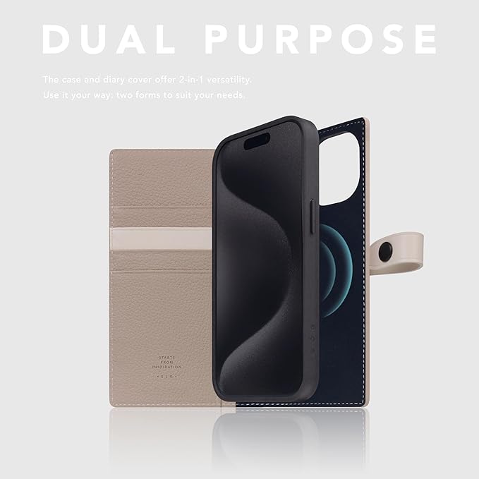 D8 Edition Full Grain Leather Wallet Case for iPhone 15 - [2-in-1] Handcrafted Detachable Diary Style with Magnetic MagSafe Back Cover and Snap Closure, Gift Box Included (Light Cream)