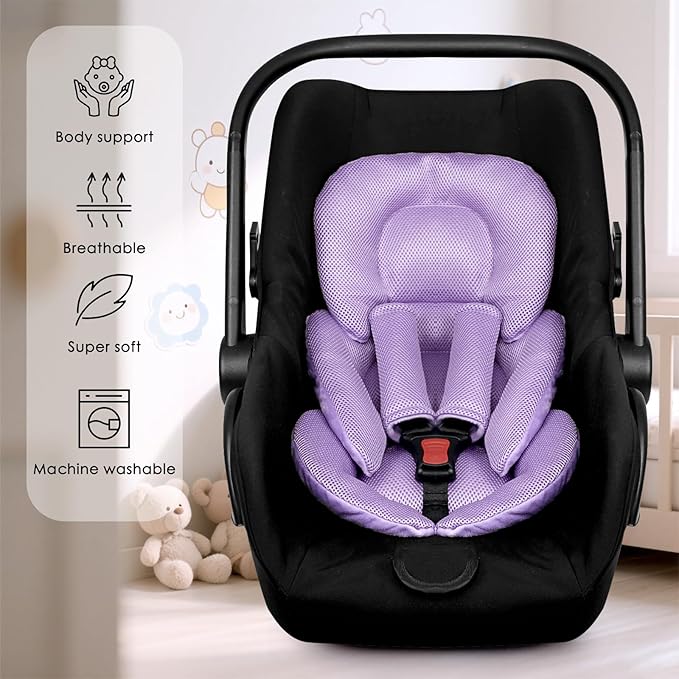Infant Car Seat Insert for Newborn Girls Boys, Summer Mesh Baby Carseat Head Support with Strap Pads, Soft Reversible Baby Car Seat Insert Cushion Pad for Car Seat, Stroller, Bouncer, Swing, Purple