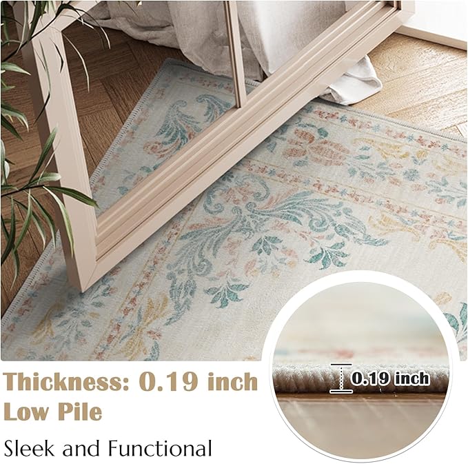 jinchan Vintage Floral 3x5 Area Rugs for Entryway - Machine Washable Distressed Design Ultra-Thin Low-Pile Soft Non-Shedding Carpet for Kitchen Bedroom Laundry Living Room (3x5ft,Apricot Multi)