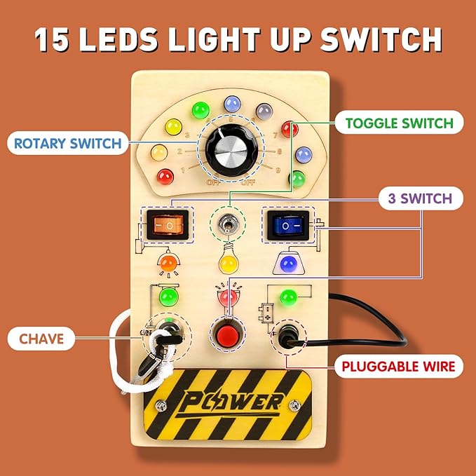 Joyreal Toddler Busy Board, Wooden Montessori Busy Board Sensory Board with LED Light Switch, Sensory Toys Baby Fidget Board Travel Toys for Toddler