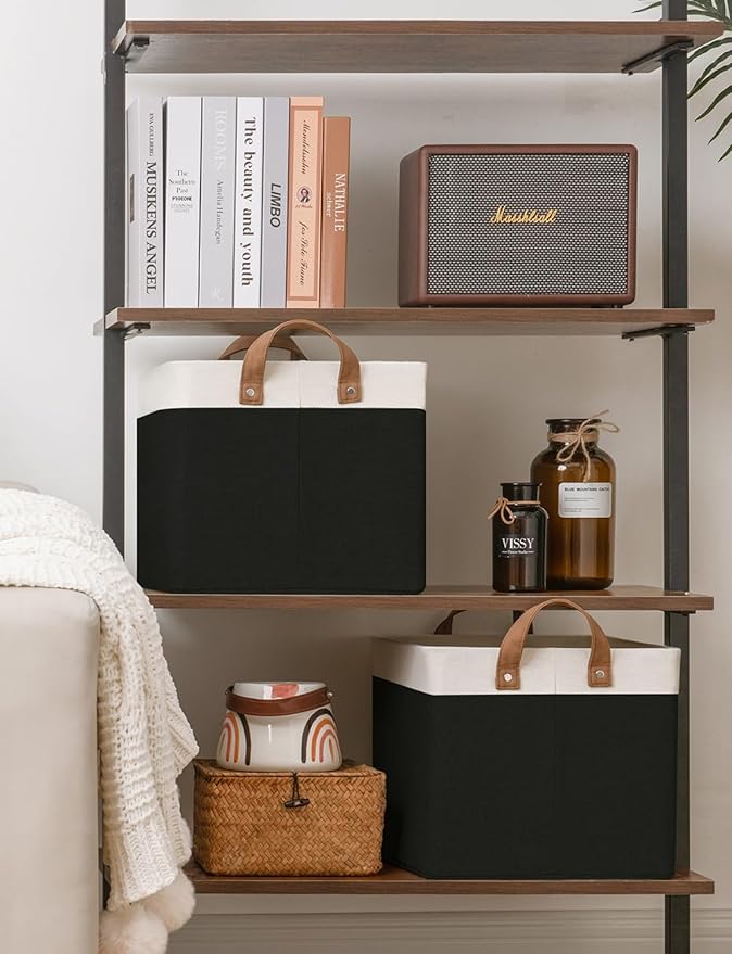 StorageWorks Storage Bins, Fabric Storage Bins for Shelves, Large Storage Baskets with Metal Frame, Closet Baskets and Bins with Handles, Black and White, 2-Pack