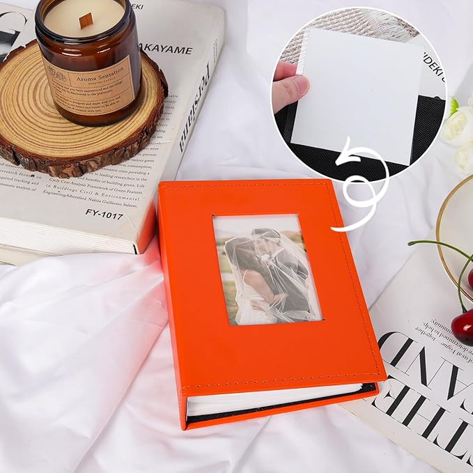 RECUTMS Mini Photo Album 4x6 52 Pockets, Leather Cover with Front Window Album Hold 52 Vertical Photos for Family Wedding Baby Children (Orange)