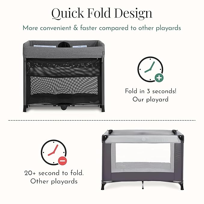 Evolur Zane Portable Playard with Instant Fold, Removable Mattress Cover & Full-Size Zipper Bassinet – Lightweight Travel Crib for Infant (0–18 Months) Grey