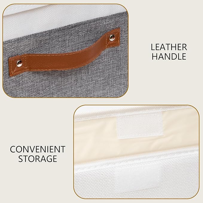 Yawinhe Storage Boxes with Lids, Linen Fabric Bin, Cube Organizer Basket, Washable and Leather Handle, for Home, Closet, White/Grey, 15.0''Lx9.8''Wx9.8''H, 3-Pack, USNK024WGL-3