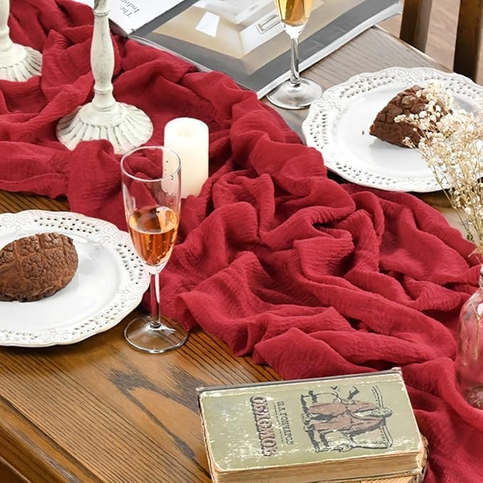 Artoid Mode Boho Cheesecloth Gauze Red Wedding Table Runner, 160 Inch Seasonal - Image 3