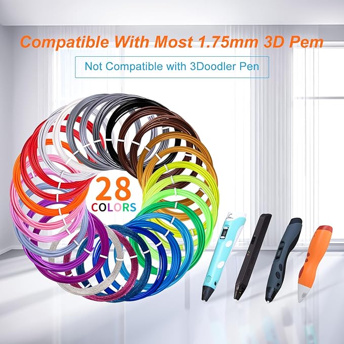 28 Colors 3D Pen Filament Refills Compatible with SCRIB3D MYNT3D PIKA3D 3D Pen for KidsPer Color 10 Feet 1.75mm PLA 3D Printing Pen Filament Refills, NOT FIT 3Doodler Start Pen