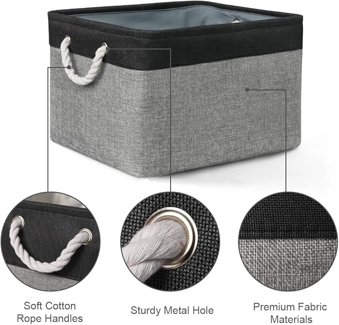 Organization and Storage Bins for Shelves - 17X15X12 inch 2 Pack Foldable Baskets for Organizing, Fabric Storage Cubes with Rope, Storage Box for Decorative Cloth (Black & Grey)