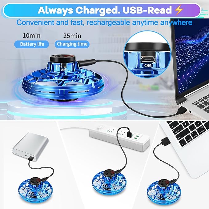 Hand Operated Mini Drone for Kids - LED UFO Flying Orb Ball, Rechargeable Mini Fidget Spinner Toy for Indoor Outdoor,Christmas Birthday Party Gifts for Girls Boys (Blue)