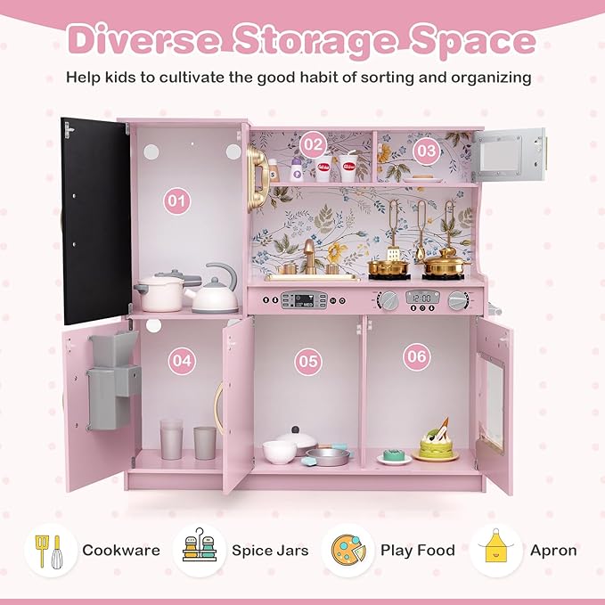 HONEY JOY Kids Kitchen Playset, Wooden Little Chef Pretend Toy Kitchen Set w/Chalkboard, Telephone, Utensils, Oven, Microwave, Sink, Storage, Play Kitchen for Toddlers Boys Girls, Pink Flower