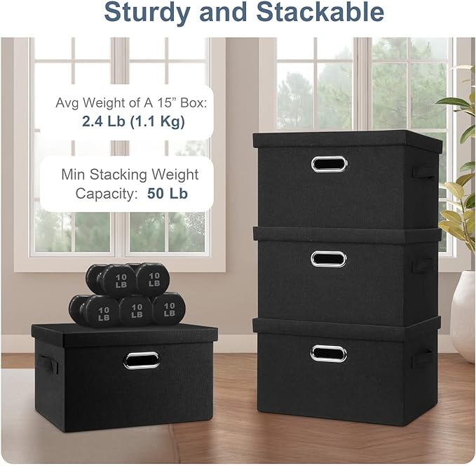Medium 15" 21 Quart Collapsible Stackable Storage Bins with Lids, 3 Packs Black Foldable Fabric Closet Boxes Heavy-duty Lidded Linen Cube Basket Container Organizer and Storage for Bedroom