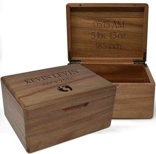 Custom Baby Memory Box for Kids- 1st Birthday Keepsake Gifts for Babies, Engraved First Birthday Memory Time Capsule Box with Hinged Lid, Unique Shower Baby Gift, Memento Chest Memorabilia, 8x6x4 in