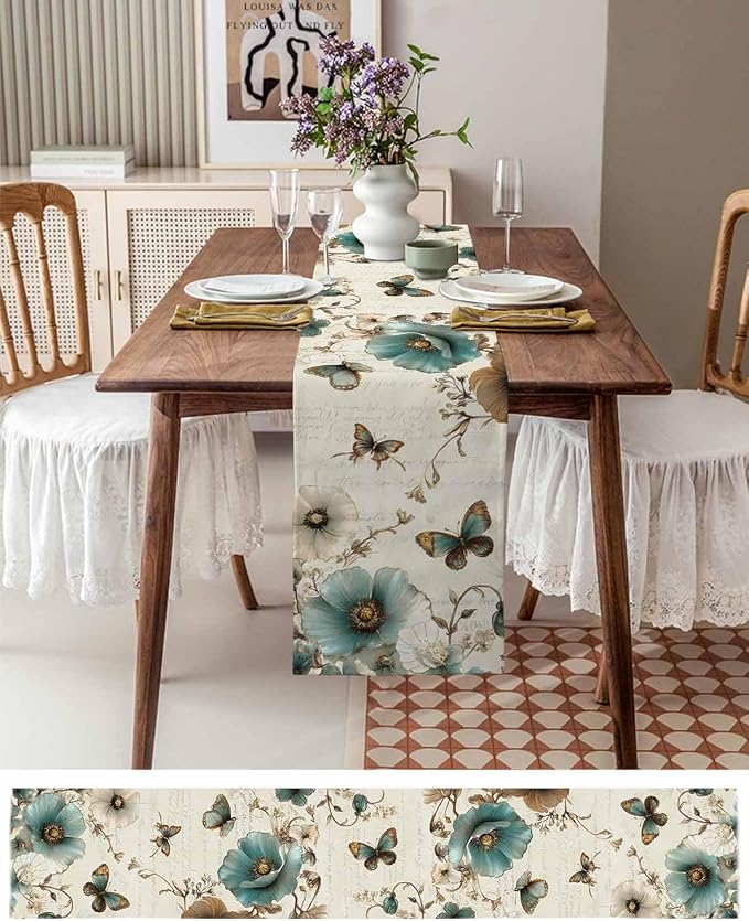 Turquoise Tulip Table Runners 120 Inches Long, Spring Vintage Botanical Table - Image 6