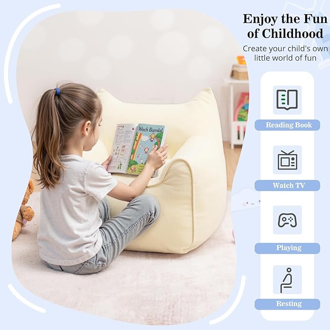 HOMMPA Bean Bag Chair for Kids Stuffed Toddler Bean Bag Sofa with Pocket Filler Cat Shaped Bean Bag Chair Boys and Girls Baby Lazy Floor Sofa Chair for Gaming Reading Playing Beige