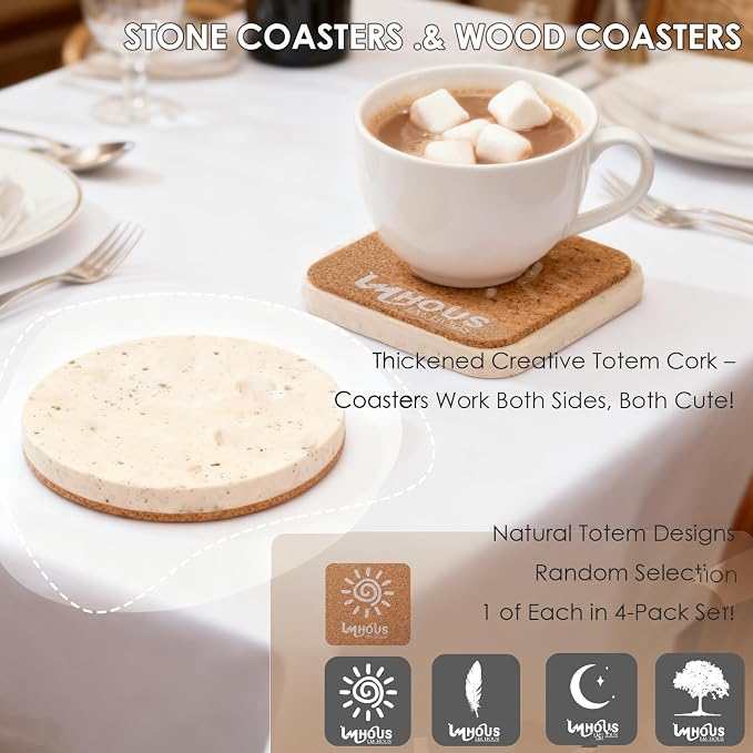 Travertine Stone Coasters Set of 2, Durable Non-Slip Cup Mats, Table Protection - Image 4
