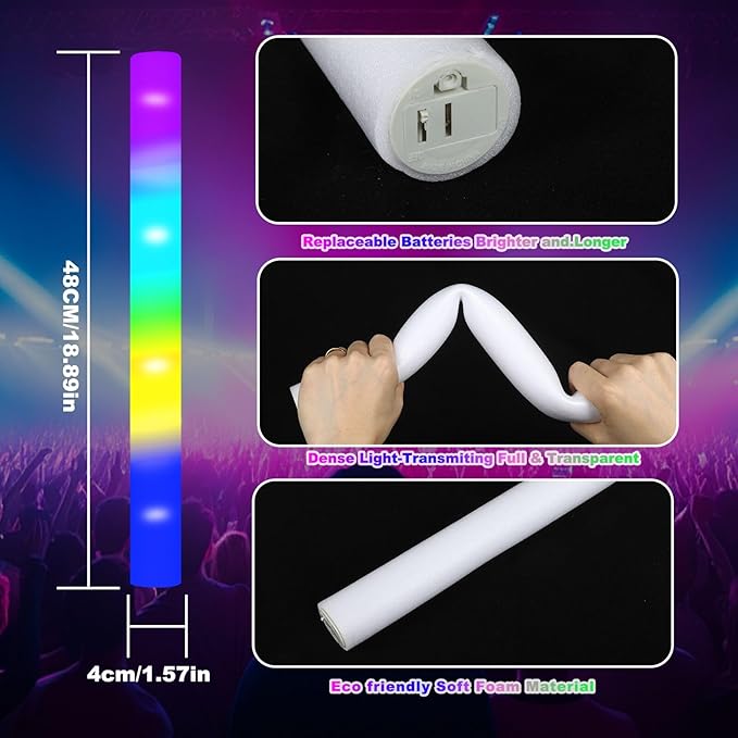 100-Count Foam Glow Sticks Party Pack - 4 Colors, Steady Bright Light Up Sticks for Weddings, Birthdays, Christmas, Halloween | Foam Glow Sticks Bulk Reusable, 6-Hr Glow, Eco-Friendly Foam