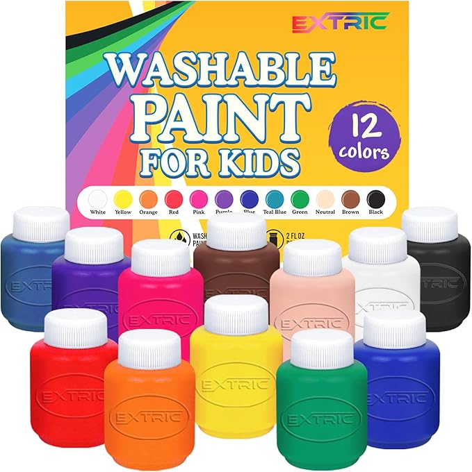 EXTRIC Washable Paint for Kids 12 Color, Non-Toxic Tempera Kid Paint 2 oz Bottles, Vibrant Pigments, Easy-Clean Toddler Paints, Kids Painting Set Arts and Crafts Supplies