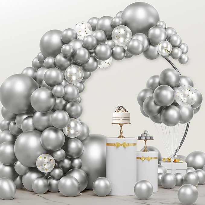 JOYIN 150 Pcs Metallic Silver Balloons, Different Sizes 18 12 10 5 Inch Silver Latex Balloon Arch Kit with Instruction for Birthday Party Graduation Wedding Holiday Decoration