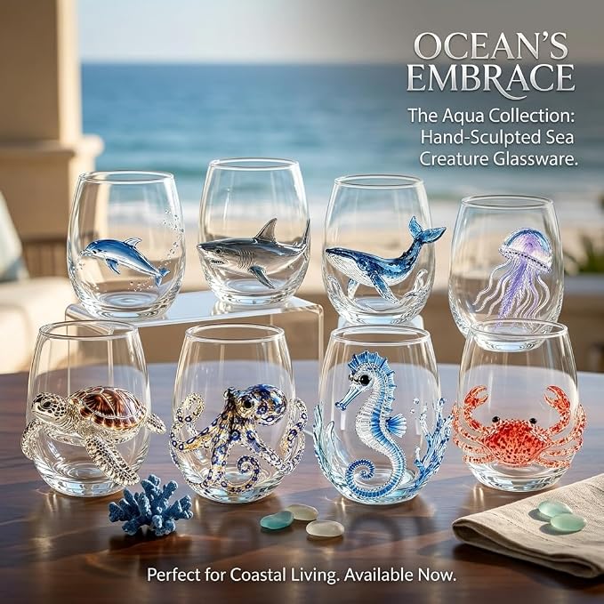 Artisanal Blue Ringed Octopus Glassware, 3D Ocean Glass Wine Glass，Set3 | - Image 3