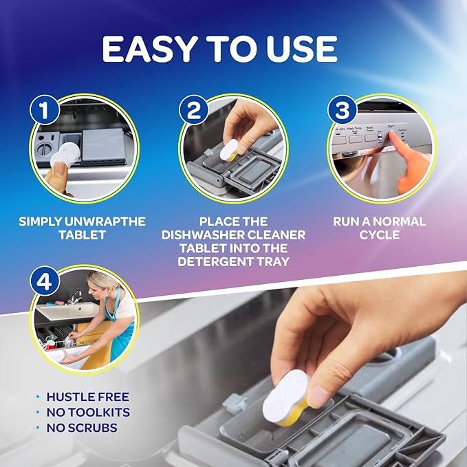 Dishwasher Cleaner and Deodorizer Tablets - Deep Clean Dishwasher Cleaner Tablets, Septic Safe, Natural Limescale Remover - Compatible with All Models (12 Pack)