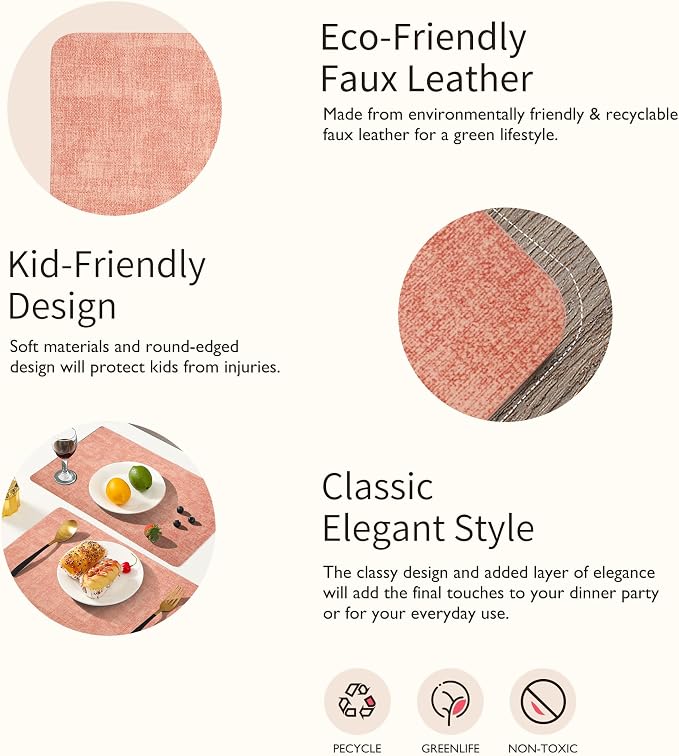 Maxpearl Faux Leather Placemats Set of 6, Peachy Pink | Waterproof - Image 4