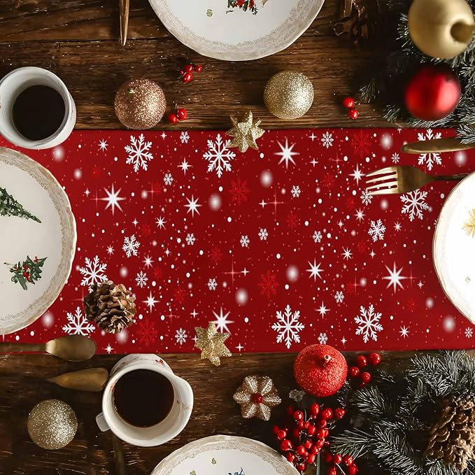 Red Christmas Table Runner 48 Inches Long, Xmas Tree Balls Snowflake Table - Image 4