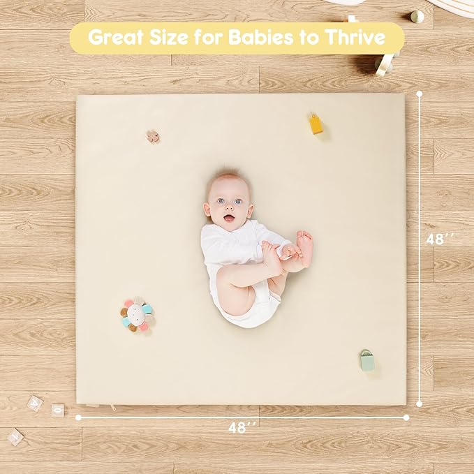 Padded Baby Play Mat, Super Soft Vegan Leather Floor Mat for Baby Girls and Boys, 48x48 Non-Slip Thick Foam Cushioned Play Mat for Babies 6-12 Months, Fits Nicely Into 50x50 Playpen Mat, Beige