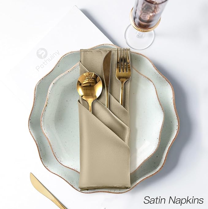 P Pothuiny 12 Pcs Beige Satin Napkins 17 x 17 Inch, Satin Cloth Napkins | - Image 5