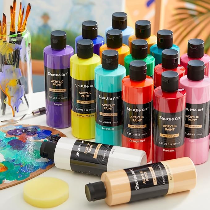 Shuttle Art 18 Colors Acrylic Paint Bottle Set (250ml/8.45oz), Rich Pigmented Bulk Painting Supplies for Artists, Beginners and Kids on Rocks Crafts Canvas Wood Ceramic