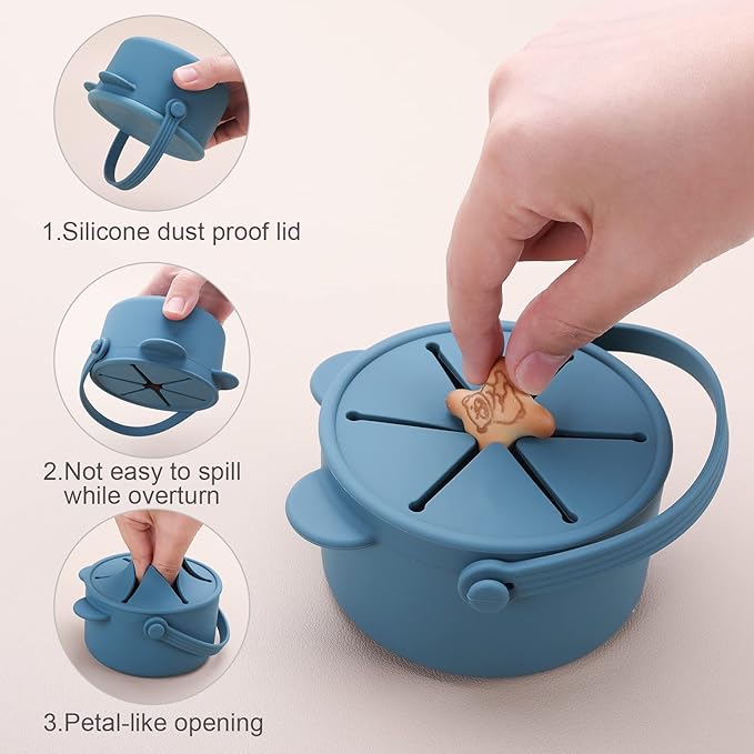 Silicone Snack Cups for Toddlers, Kids Snack Containers No Spill, Baby Treat Holders with Handle Dust Proof Lid, 2 Pack Dishwasher Safe and BPA Free 9 oz