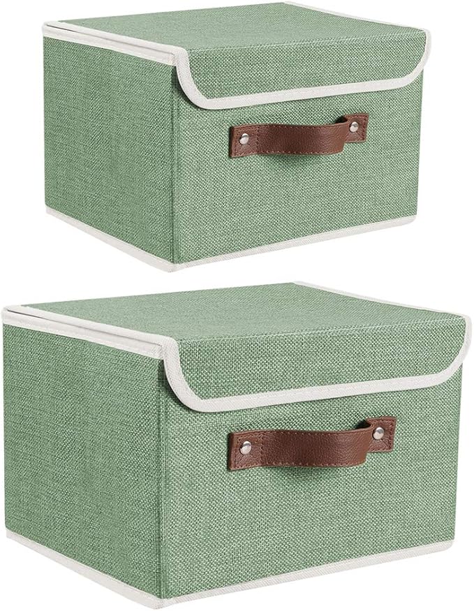 Lucky Monet Storage Bins Boxes with Lids 2 Pack Decorative Storage Boxes Collapsible Fabric Storage Basket Containers Lidded Storage Cube for Organizing Closet Home Office, 15"x 10"x 10" (Green)
