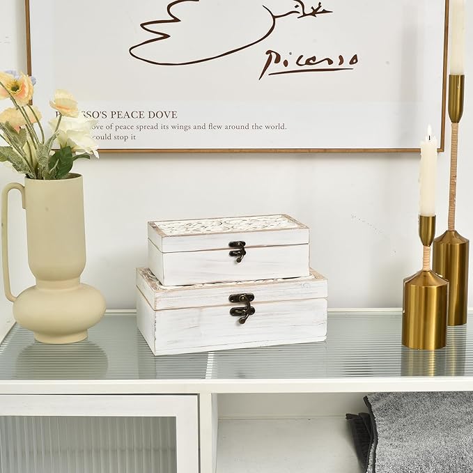 Decorative Wooden Box with Hinged Lid - Timeless Carved Floral Storage for Rustic Farmhouse Decor, Set of 2, White