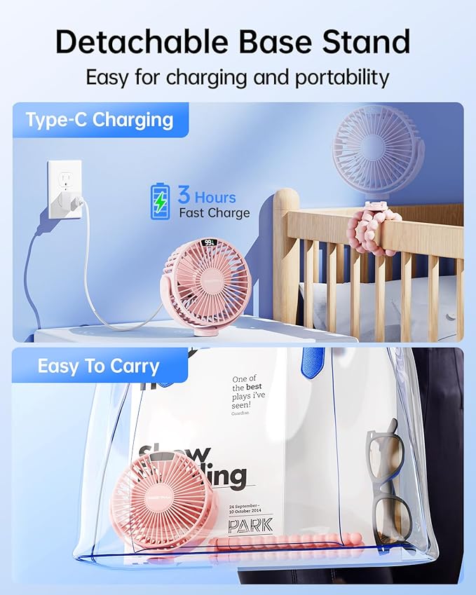 SWEETFULL Portable Stroller Fan with Display 4000mAh Battery Powered Mini Clip On Fan, 4-Speed Rechargeable Small Personal Cooling for Baby Car Seat Crib Travel - Pink