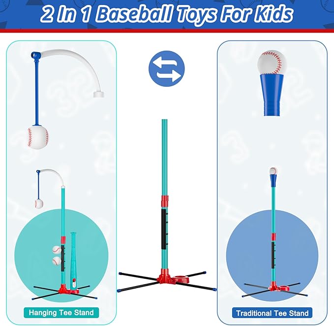 3-in-1 Baseball Set for Kids: Hanging Batting Tee + T Ball Stand Set Auto Ball Launcher for Toddlers & Youth Adjustable Height with 6 Balls 2 Bats Outdoor&Indoor Toys Sports Gifts for 3-12 Years Old