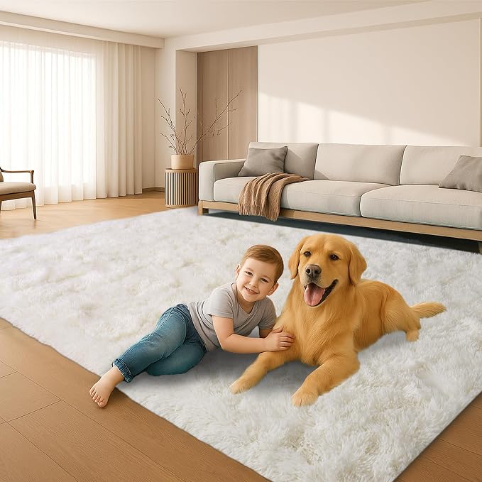 8x10 Area Rugs Living Room, Cream White Large Plush Fluffy Bedroom Carpet - Image 5