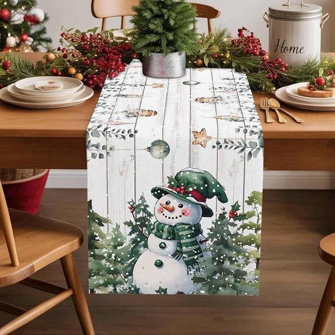 Christmas Snowman Table Runner 36 Inches Long, Xmas Trees Eucalyptus Leaves - Image 2