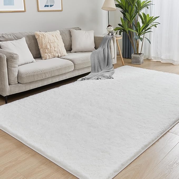 Fluffy White Rugs for Bedroom, 5x7 Plush Cream Area Rugs for Living Room, Non-Slip Shag Floor Carpet for Kids Room, Girls Room, Bedside, Playroom, Indoor Decor
