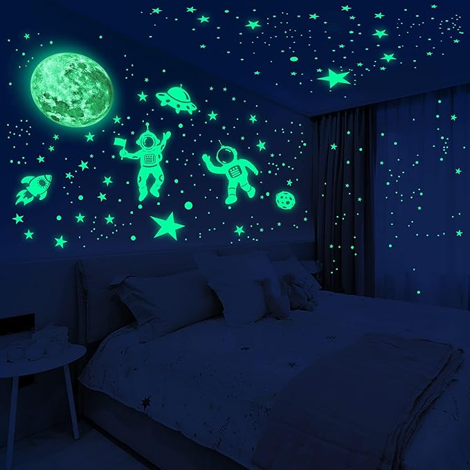 1017Pcs Glow in The Dark Stars for Ceiling Glow in The Dark Moon and Space Wall Decals Luminous Astronaut Universe Planet Galaxy Wall Stickers for Kids Boys Girls Bedroom Green