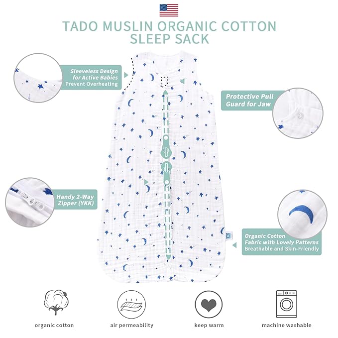 Toddler Sleep Sack for 2-4T Baby, Organic Cotton Wearable Blanket for Boys and Girls 0.5 TOG 2-Way Zipper Soft 4 Layers X-Large Star Moon