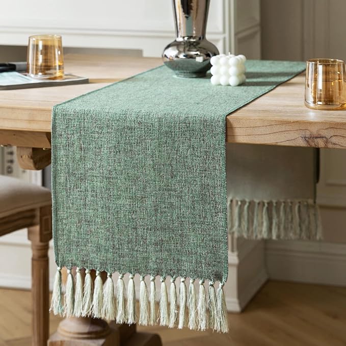 Green Table Runners 48 Inches Long, Burlap Linen Style Rustic Farmhouse Table by ZEEMARTONLINE