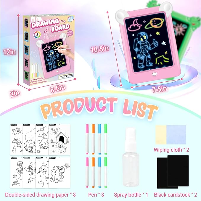 2 Pack Magic Led Drawing Boards for Kids: Light Up Tracing Pad, 8 Light Modes, Drawing Pads for Kids Ages 4-8 with Tracing Cards Markers, Arts Crafts Learning Toy Ideal Gift Toy for Boys Girls