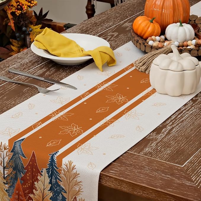 Fall Watercolor Trees & Maple Leaves Striped Table Runner 13x108 Inch, Rustic - Image 4