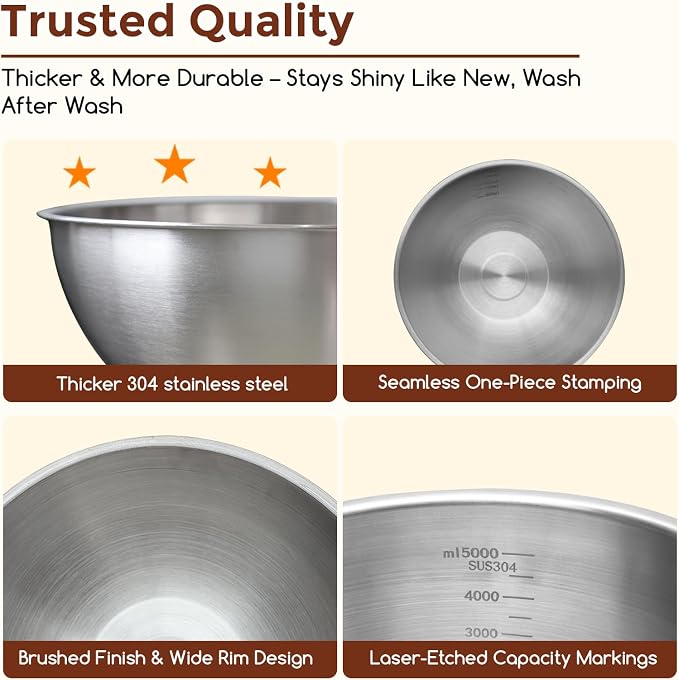 Gronivex Stainless Steel Mixing Bowls Set, 5-Piece | Food-Grade Metal, - Image 3