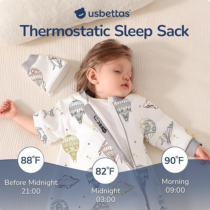 Baby Sleep Sack 12-18 Months, Cotton Detachable Long Sleeve Sleep Sack, 2.5 Tog Toddler Sleeping Sack with Temperature Strips, 2-Way Zipper Wearable Blankets for Newborns, Hot Air Balloon