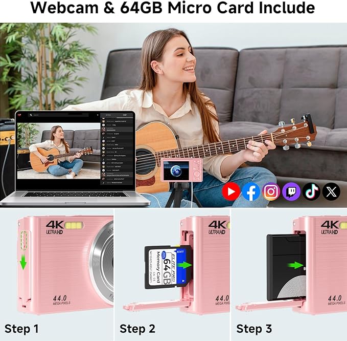 Digital Camera, FHD 4K 44MP Digital Camera, 16X Digital Zoom, Digital Point and Shoot Camera with 3-LED Fill Lights, 64GB SD Card, Compact Camera for Kids Teen Boys Girls, Pink