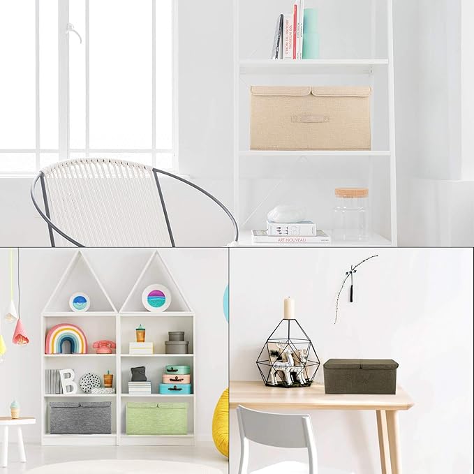 2 Pack Storage Boxes with Lids and Handles, Collapsible Linen Storage Bins Organizer Containers Baskets Cube with Removable Divider for Home Bedroom Closet Office (Green, Small)