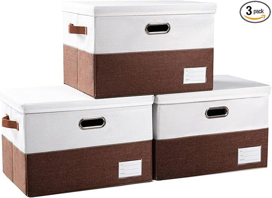 PRANDOM Foldable Storage Bins with Lids [3-Pack] Fabric Collapsible Storage Boxes Baskets Cubes Containers with Handles for Closet Living Room Bedroom (Brown & White 17.7x11.8x11.8'')
