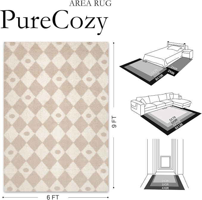PureCozy Checkered Rug 6x9 Fluffy Shag Living Room Beige Area Rug Modern - Image 2
